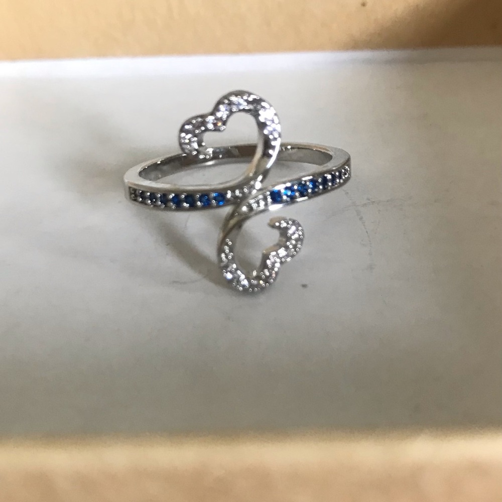 Silver Heart Wave Ring with Blue and Clear Stones